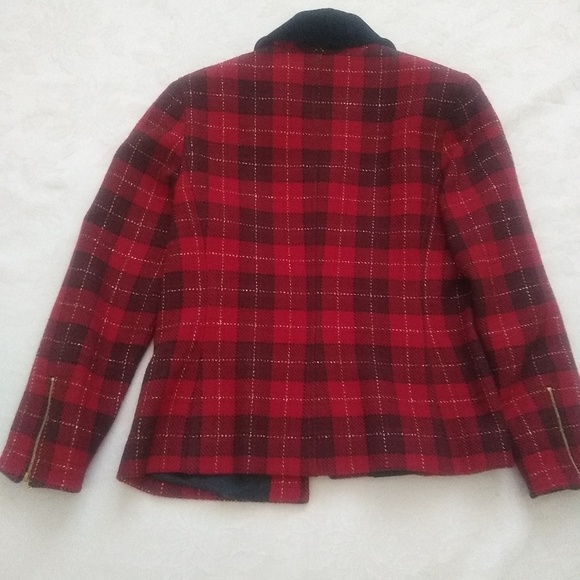 St John zip front red plaid tartan vintage velvet collar lady jacket - Picture 2 of 7